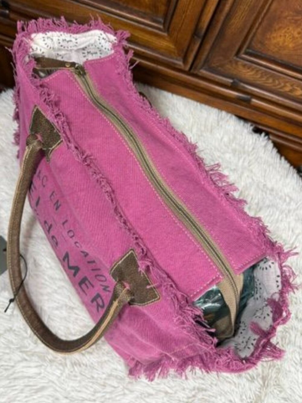 Myra SEL De MER Paris 100% Cotton Canvas Genuine Leather Handle Fringe Trim Bag - Picture 7 of 11